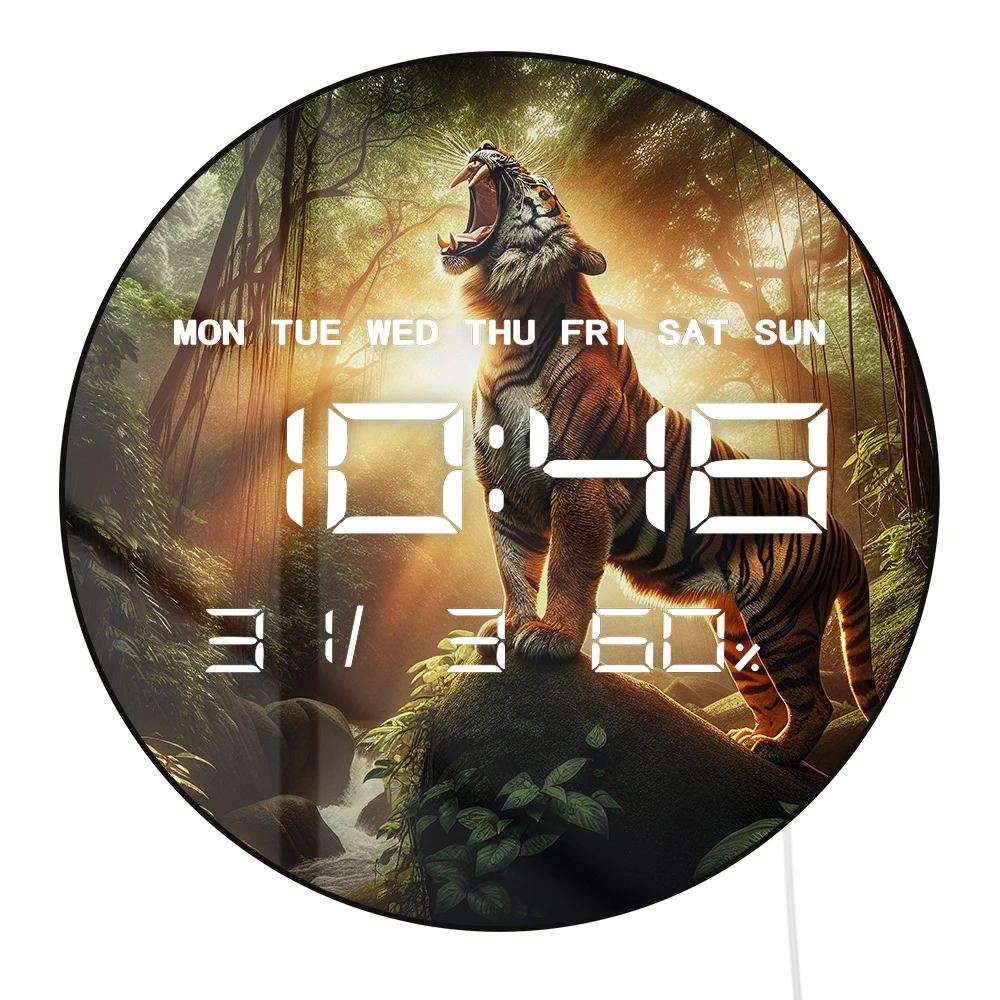 Roaring Tiger Wild Spirit LED Digital Wall Clock Large Display Electronic Wall Clock with Temperature Humidity Calendar Date
