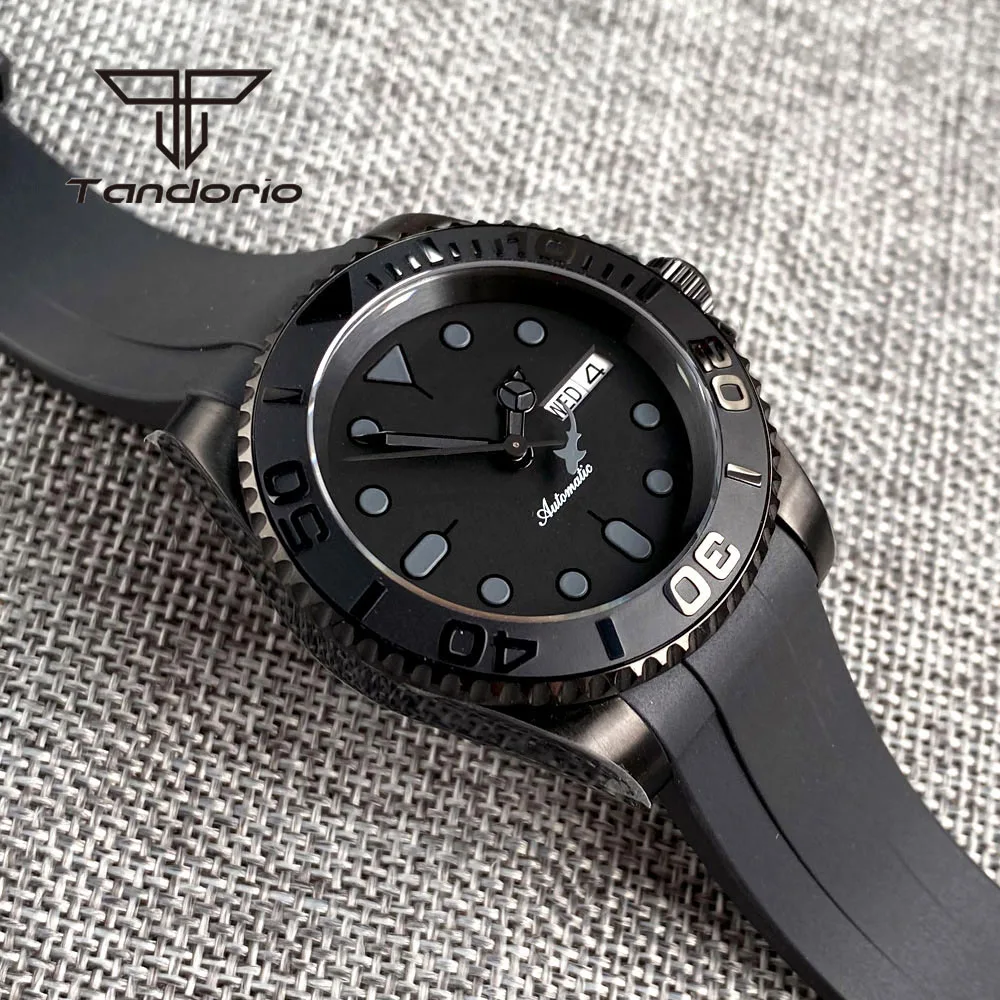 Tandorio Black Pvd Case Dress NH36A 40mm Automatic Watch for Men Rubber Strap Week Date Display Ceramic Rotating Bezel Sapphire