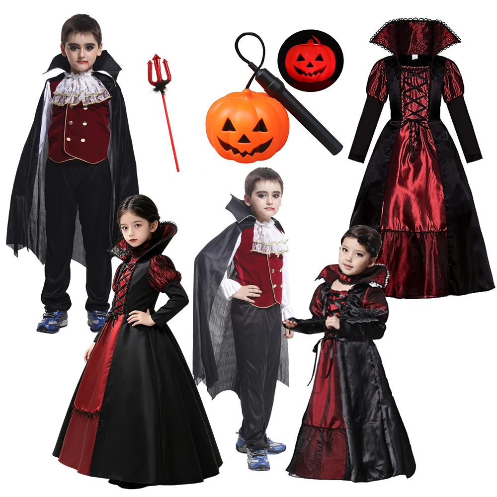 Kids Role Play Costume Set Boys Girls Vampire Outfit Halloween Cosplay Suit with Cape Accessories for Carnival Fancy Dress Party