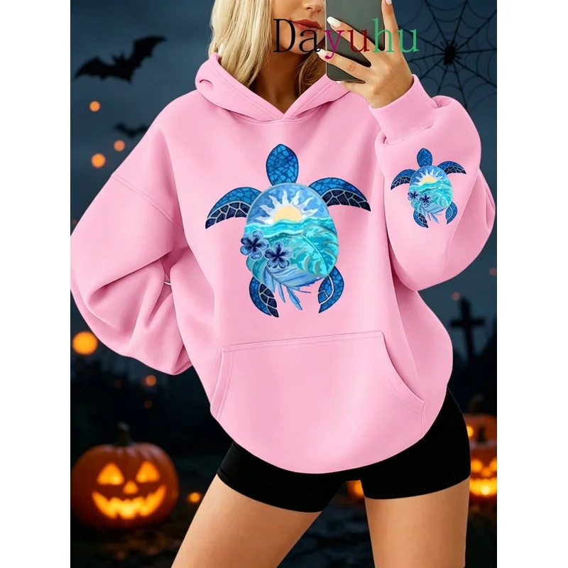Oversized Streetwear Pullover Hoodie Halloween Blue Sea Turtle Ocean Wave Print Autumn Winter Daily Wear 2026 New