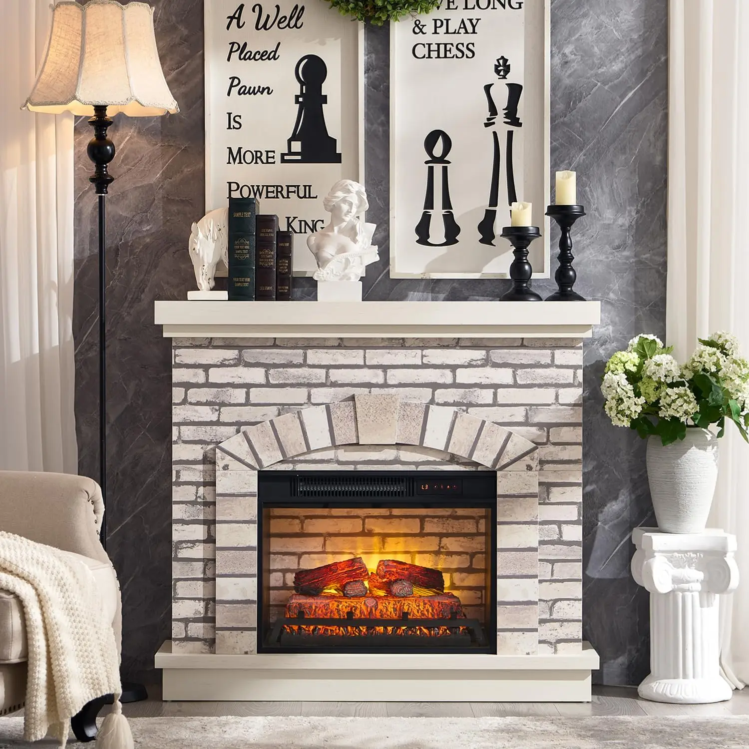 Fireplace with Mantel, Farmhouse Fireplace TV Stand w/23'' Freestanding Electric Fireplace Heater, Remote Control, Adjustable 3D