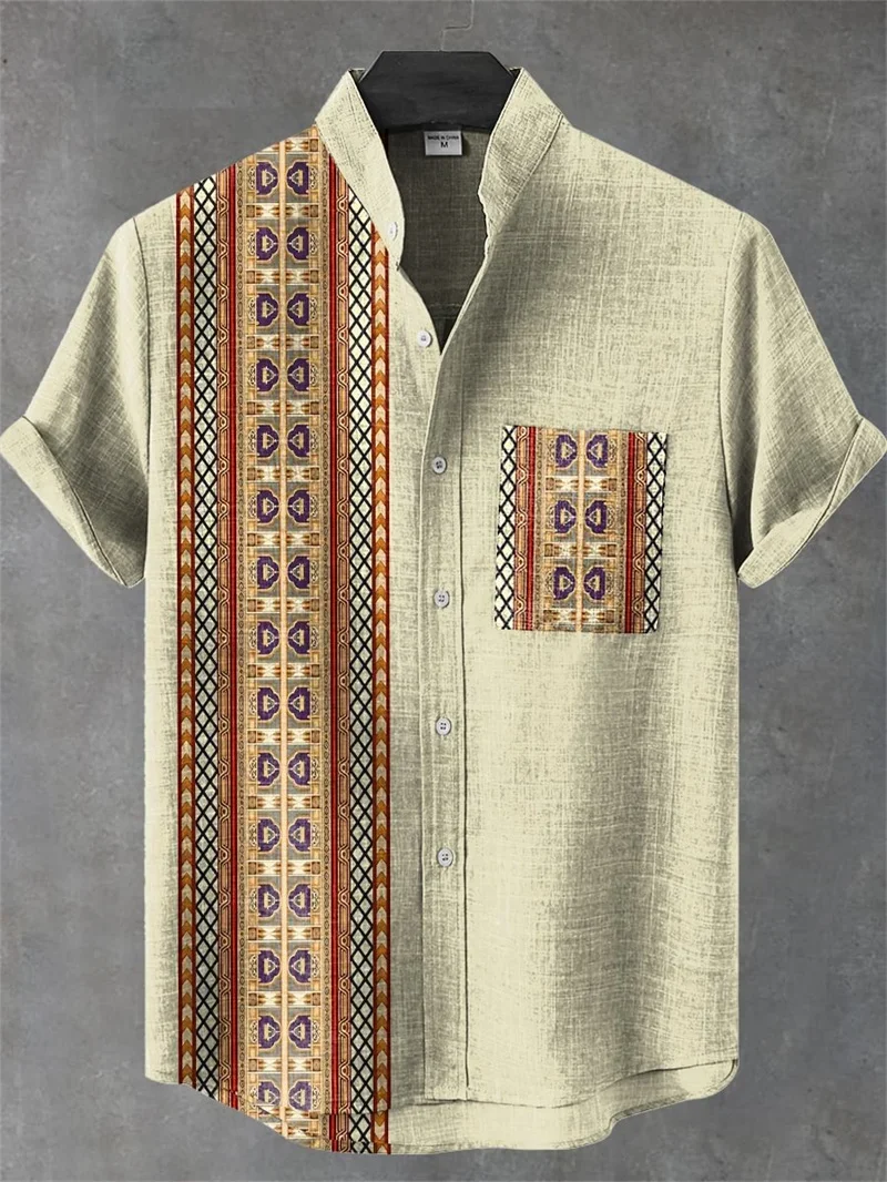 Men's Linen 3D Printed Pattern Lapel Short-sleeved Button-button Pocket Shirt Ethnic Style Private Custom Shirt Slim Beach Top