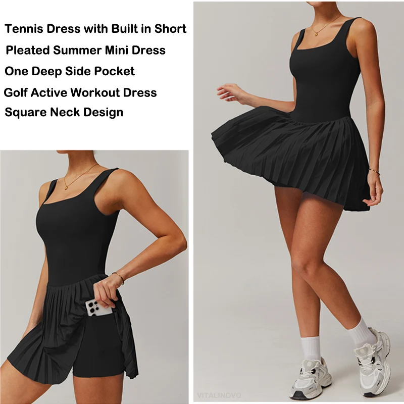 VITALINOVO Workout Tennis Dress with Built in Shorts Square Neck Padded Workout Dress with Pockets Golf Athletic Mini Dresses image 3