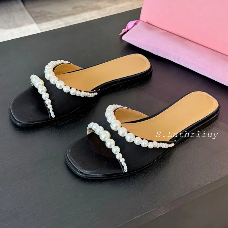 Zapatillas de cuero genuino decoradas con perlas de lujo con punta abierta para mujer, Sandalias planas de Color sólido, zapatos informales para vacaciones para mujer