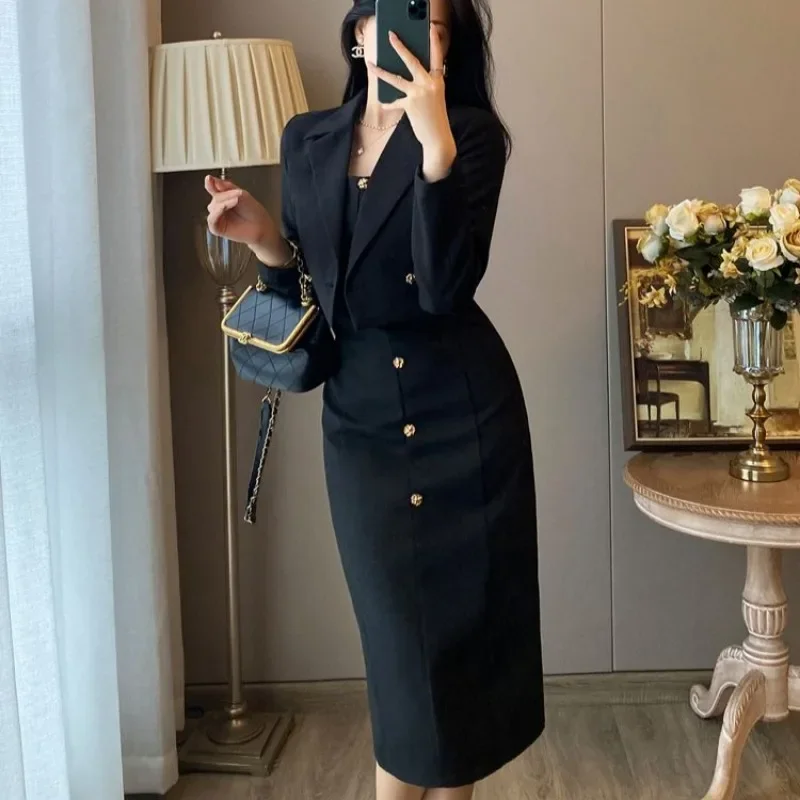 Office Dress Black Midi Female Outfits Sexy Suits Long Sleeve Women\'s Two Piece Set Jacket Y2k Clothes Summer 2024 Fashion Korea