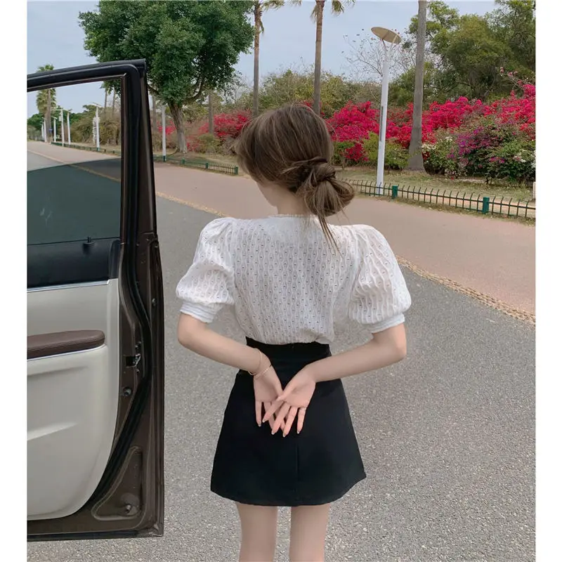 Women\'s Clothing Fashion Puff Sleeve Polka Dot Printed Blouse Summer Beading Spliced Vintage Turn-down Collar Shirt For Female