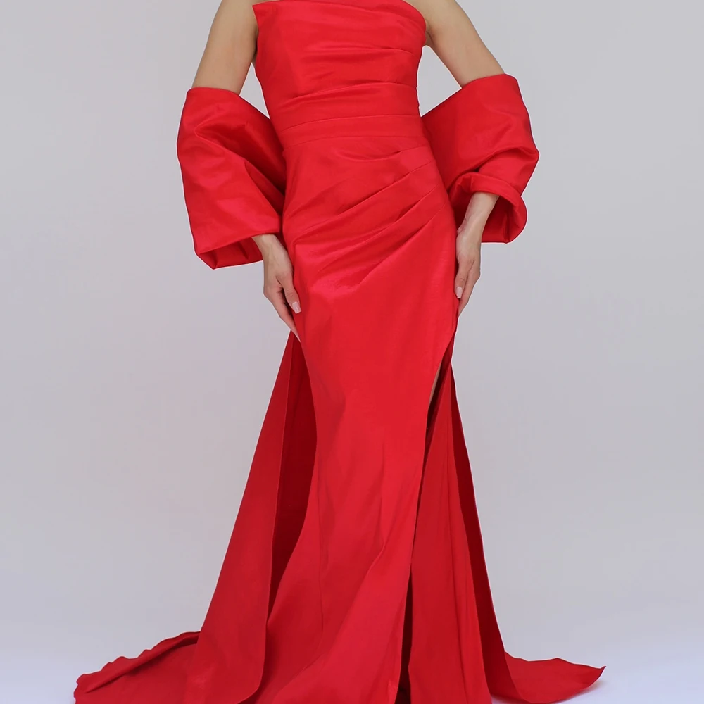 

Customized High Quality Draped Strapless Floor Length Mermaid Side Slit Satin Evening Dress Delicate Sweep Train платье вечернее