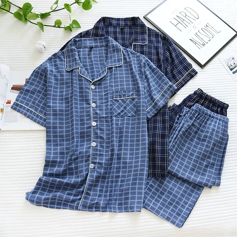 2024 new men\'s short-sleeved trousers pajamas two-piece 100% viscose spring and summer thin plaid large size home service cover