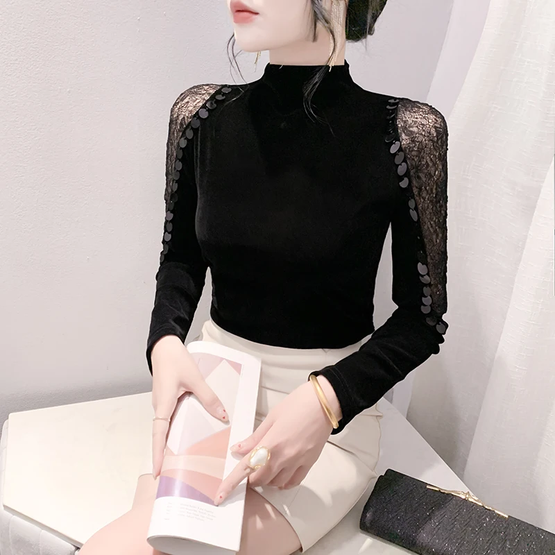 Faionable da donna lunga Sve Base in velluto irt ter Ne Me Splicing T-shirt attillata Street Sle Autunno Primavera Bright T...