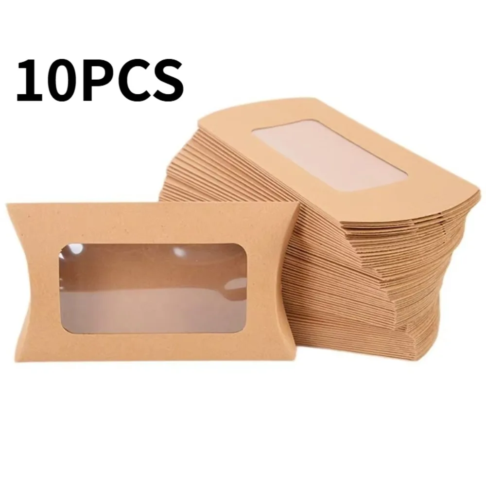 10pcs Pillow Shape Cookie Candy Boxes with Transparent Window Small Gift Folding Paper Box DIY Kraft Paper