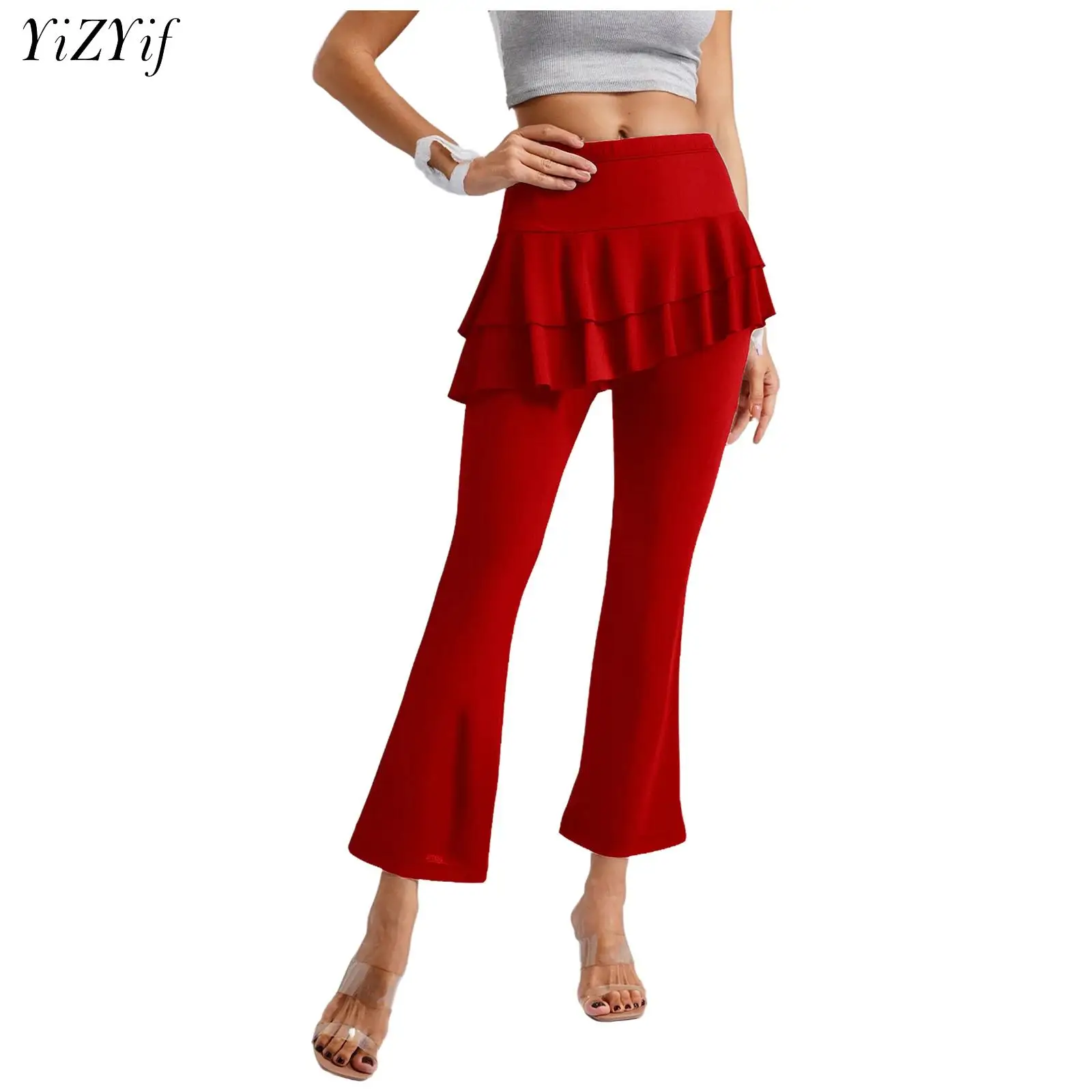 

Women's Stretchy Dance Pants Ballroom Latin Tango Salsa Practice Performance Dancing Costume Pants Tiered Skirt Pants Skorts