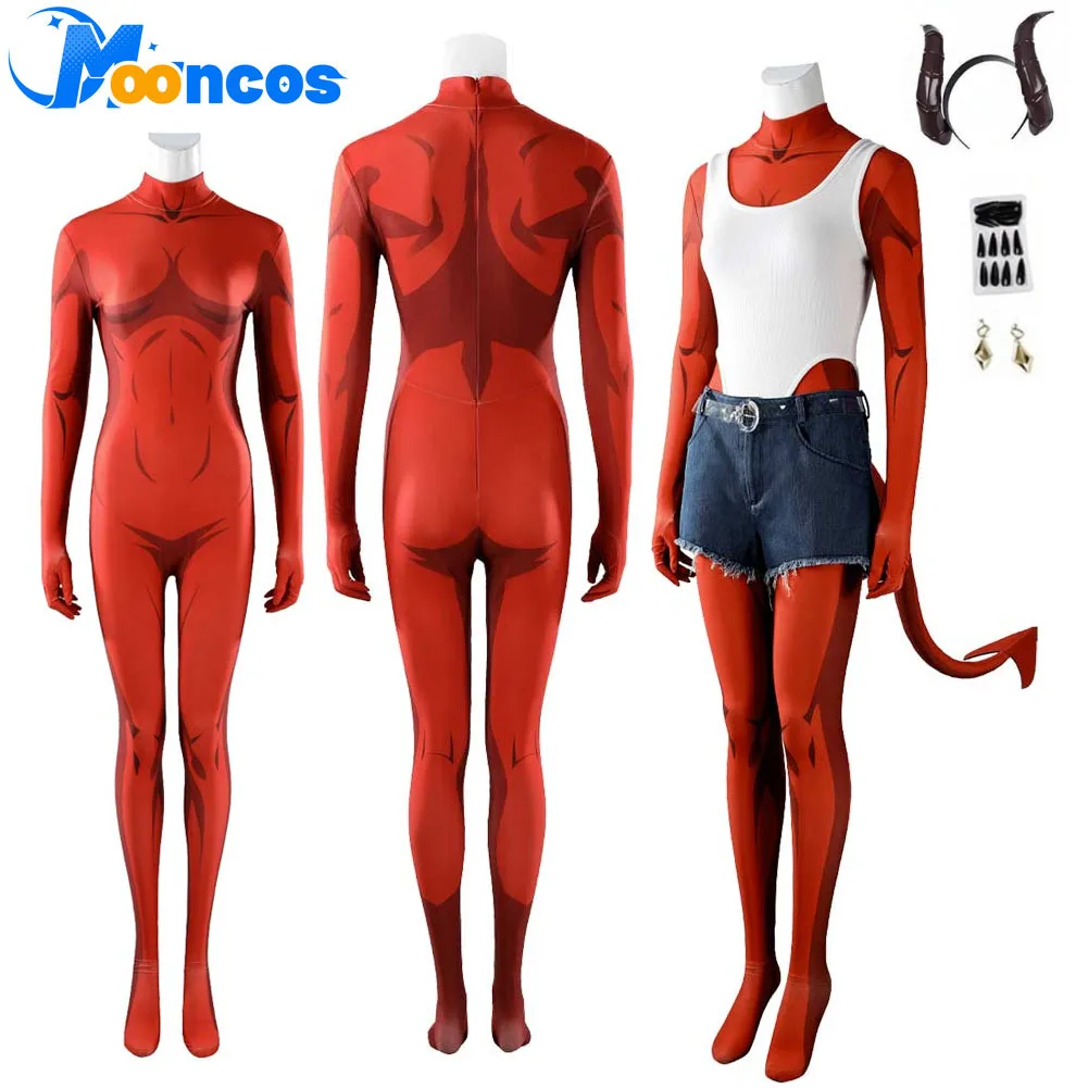 Disfraz de Maléfica para mujer, traje de cosplay de fantasía rojo, body, accesorios para la cabeza, cola, pantalones cortos, pendientes, ideal para Halloween, carnaval y fiestas.