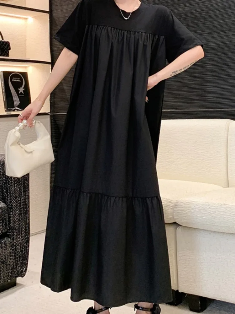 فستان نسائي كوري صيفي جديد من فيستدوس رداء Elbise فضفاض مقاس كبير فساتين طويلة مرقعة وأكمام قصيرة