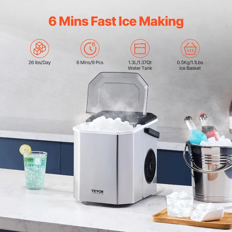 VEVOR Máquina de hielo para encimera, 9 cubos listos en 6 minutos, 26 libras en 24 horas, máquina de hielo portátil autolimpiante con cuchara para hielo