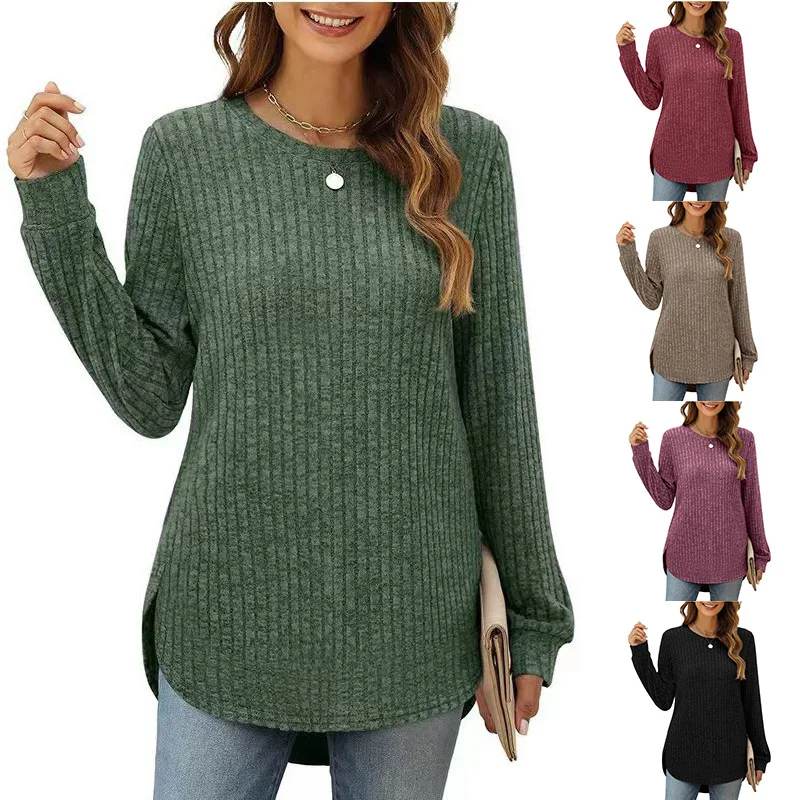 2023 Autumn New Casual Loose Round Neck High And Low Curved Hem Tops For Women Fashion Hot Selling Knitted Slit Hem Waist Tops