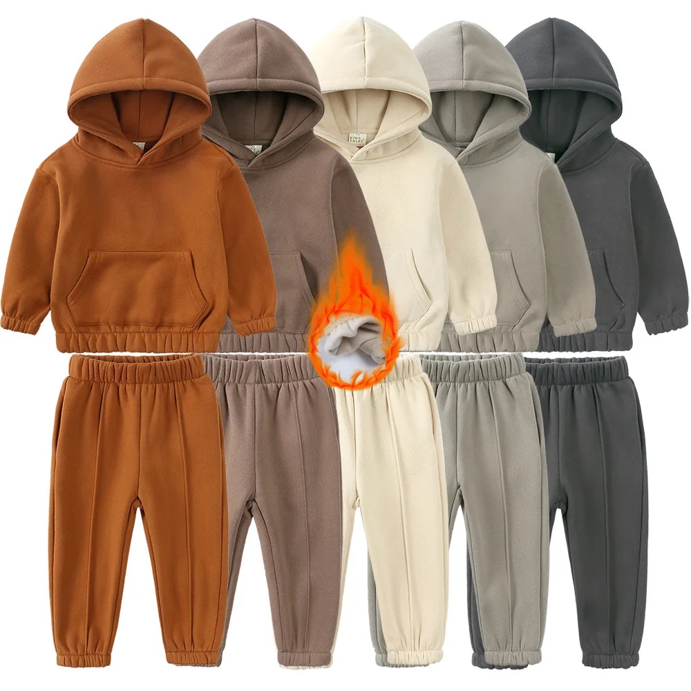 

Boys' Set Autumn And Winter Cotton Simple And Comfortable Girls' Clothes Thick Fleece Hooded Sweater Children's Two Piece Set