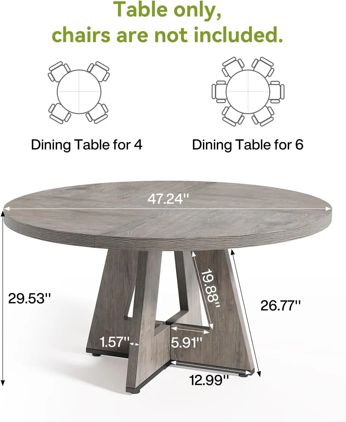 Mesa de jantar redonda para 4-6 pessoas, mesa de sala de jantar de 47 polegadas com base de pedestal de madeira, mesa de jantar cinza, cozinha circular