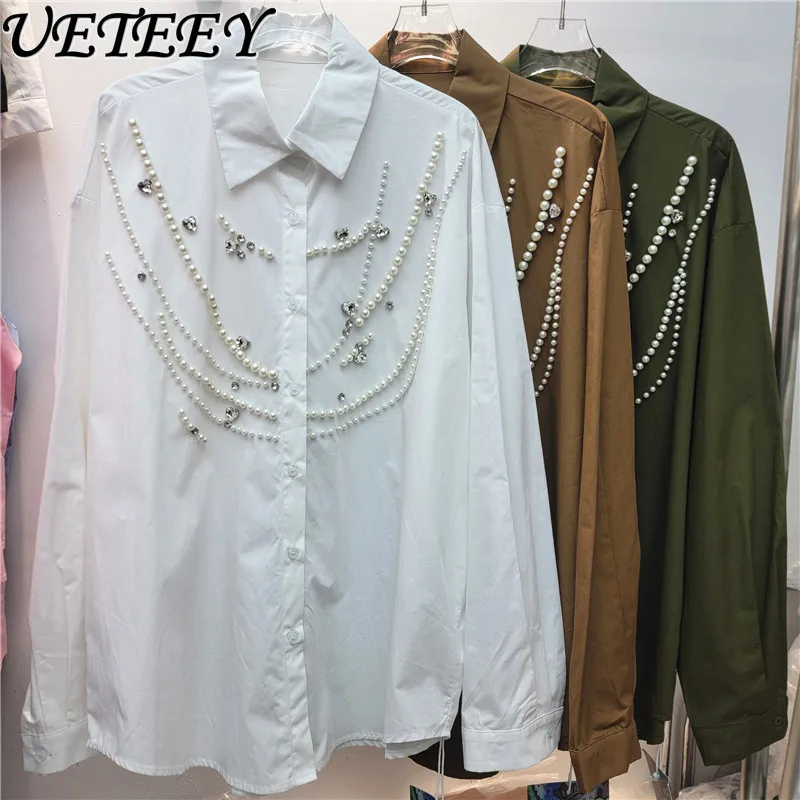 

Heavy Beaded Pearl Shirt for Women 2026 New Fashion Loose Solid Color Blouse Slimming Casual Versatile Long Sleeve Trendy Tops