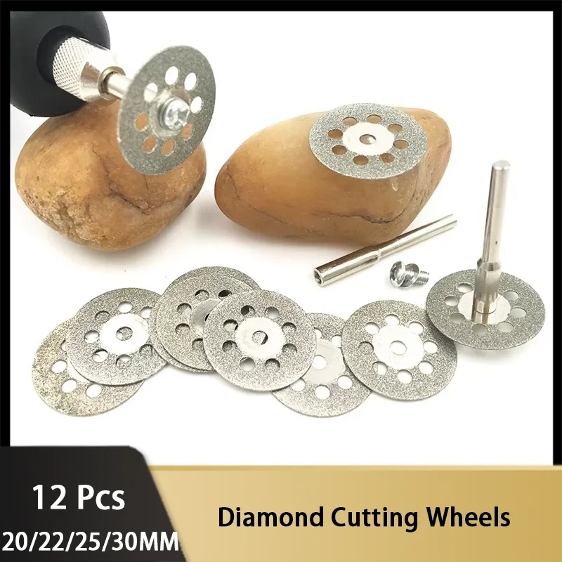 20/22/25/30MM Diamond Cutting Wheels 12 Pack for Dremel Rotary Tool 2 Mandrels Set Kit Cuts Stone Glass Metal Masonry Cutter