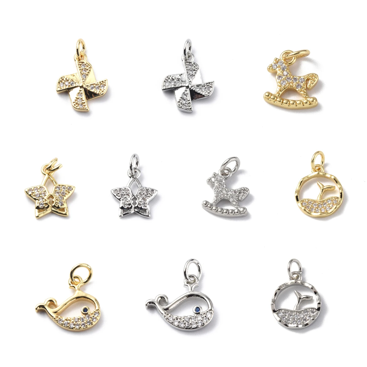 10Pcs Brass Micro Pave Cubic Zirconia Charms Rocking Horse Star Dolphin Pendants with Jump Ring for Jewelry Making Findings