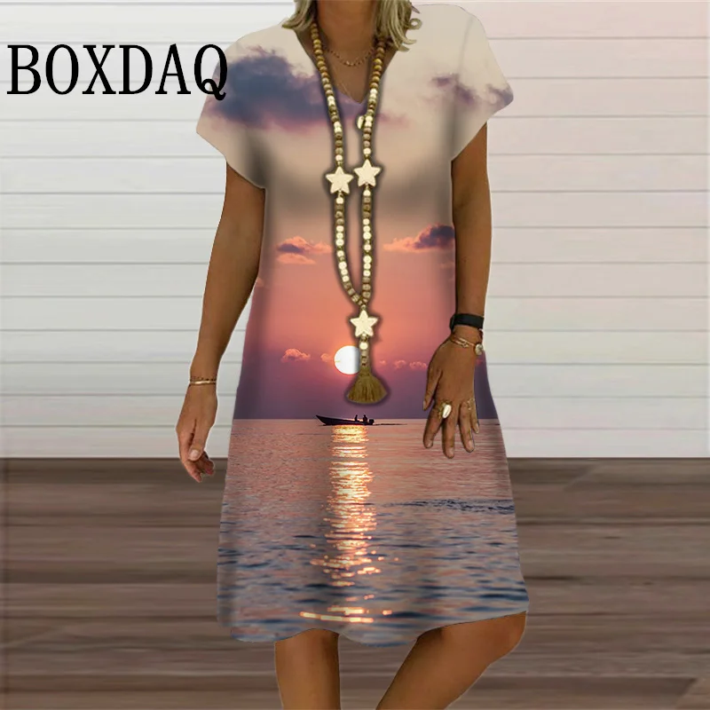 Setting Sun Summer Dresses For Women Ship 3D Printed Midi Dress Loose Casual Holiday Natural Scenery Short Sleeve V-Neck Dresses