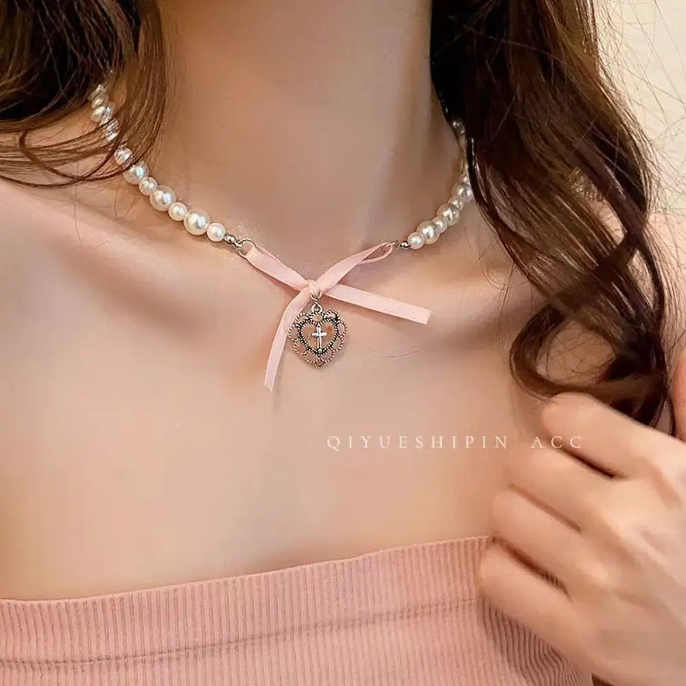 Pearls Pink Bow Necklace Korean Style Zircon Bowknot Pendant Choker Neckchain Jewelry Accessories Balletcore Choker Wedding