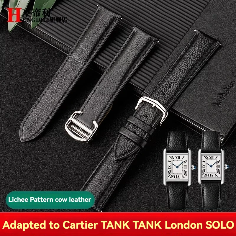 For Cartier Tank Lea-ther Watch Strap for Women Tank Must London men Santos Lychee pattern quick release Watchband 20mm 23mm