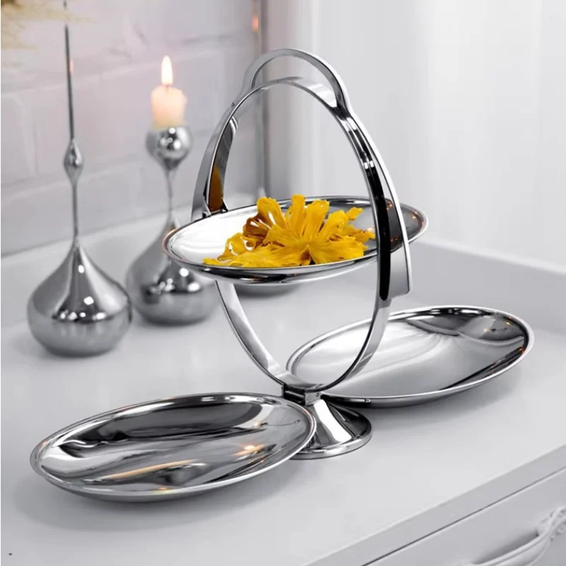 Luxury Stainless Steel Cake Rack, Foldable Layered Dining Plate, Double-layer Tray with Handle, Home Kitchen, Party Decoration