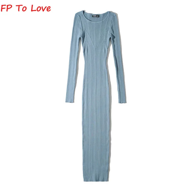 Babyblue Brown Knitting Midi Dress Slim Long Sleeves Sexy Streetwear Night Party Woman Female Beige Black Basic