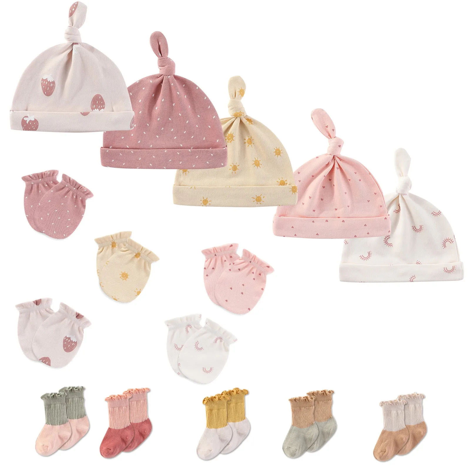 15Pieces Cartoon 100%Cotton Hats+Gloves+Socks Sets New Born Baby Boy Girl Headwear Solid Color 0-6M Infant Supplies Accessories