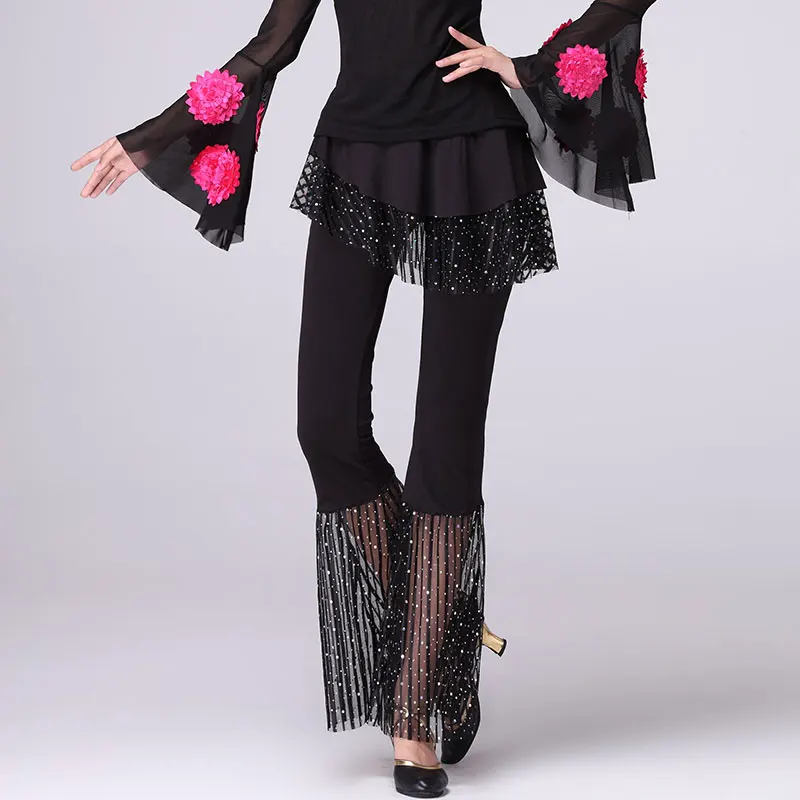 Square Modern Dance Pant Flamenco Ballroom Waltz Sequins Latin Dance Pant Modern Stage Costume for Women Dancing Trouser