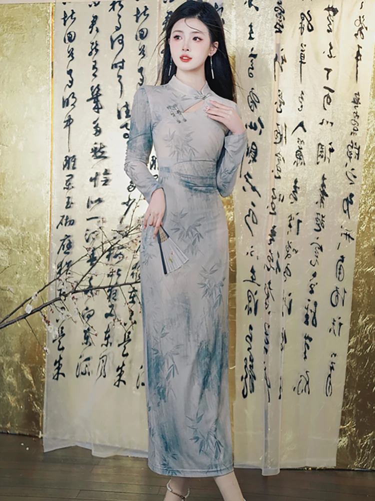 

2025 Print Mesh Hollow Out Stand Collar Maxi Dress Women Elegant Luxury Cheongsam Dress Autumn Korean Bodycon Festival Vestidos