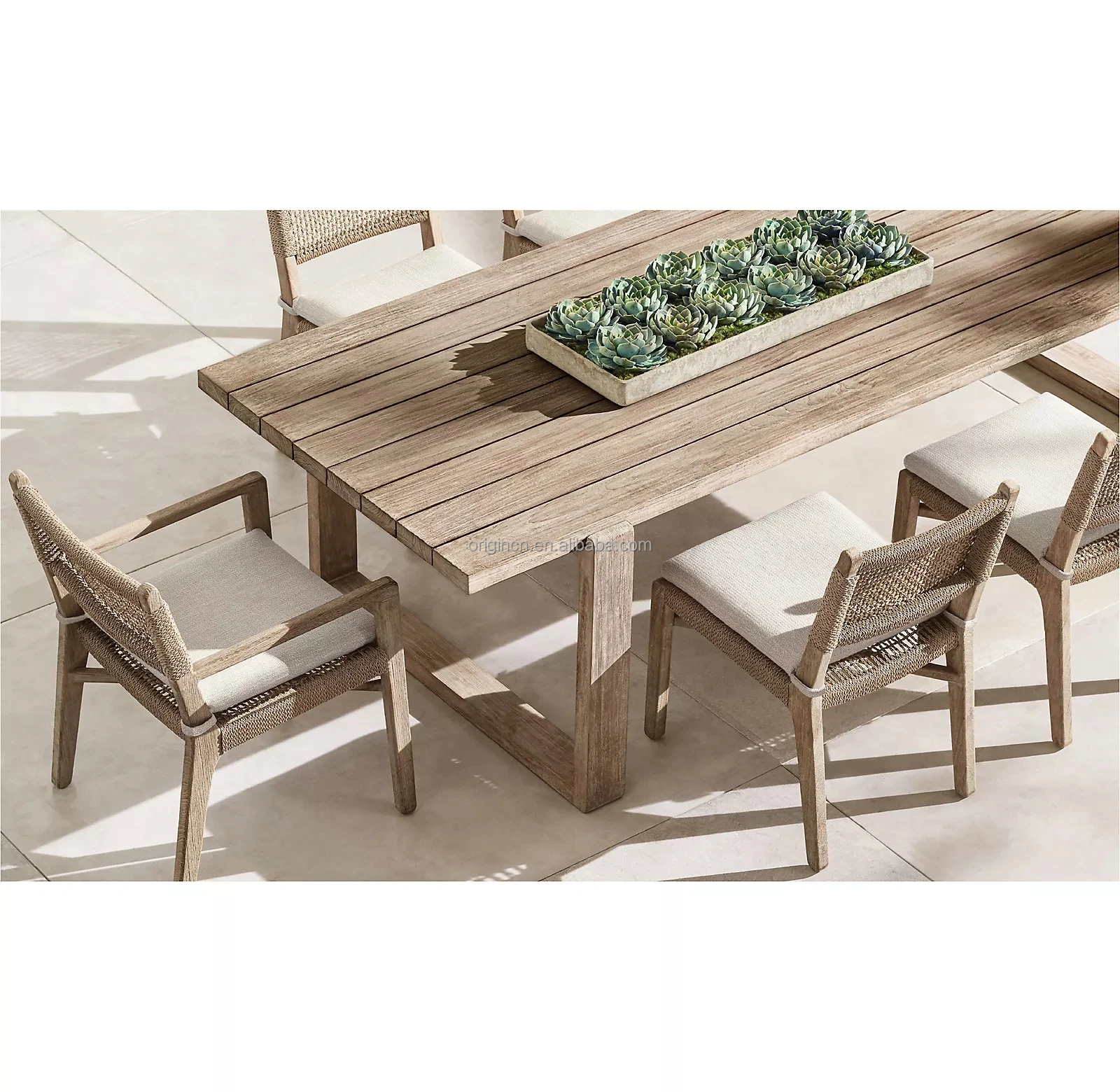 

Garden Furniture Minimalist Design All Weather Wicker Handwoven Solid Wooden Teak Outdoor Dining Set