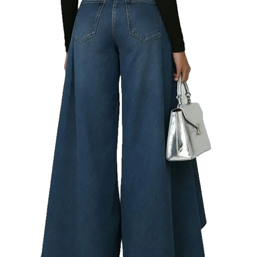 Women's Baggy Solid Color Mid Waist Wide Leg Long Casual Thick Woven Fabric Digital Print High Waist Pleated Front Jeans