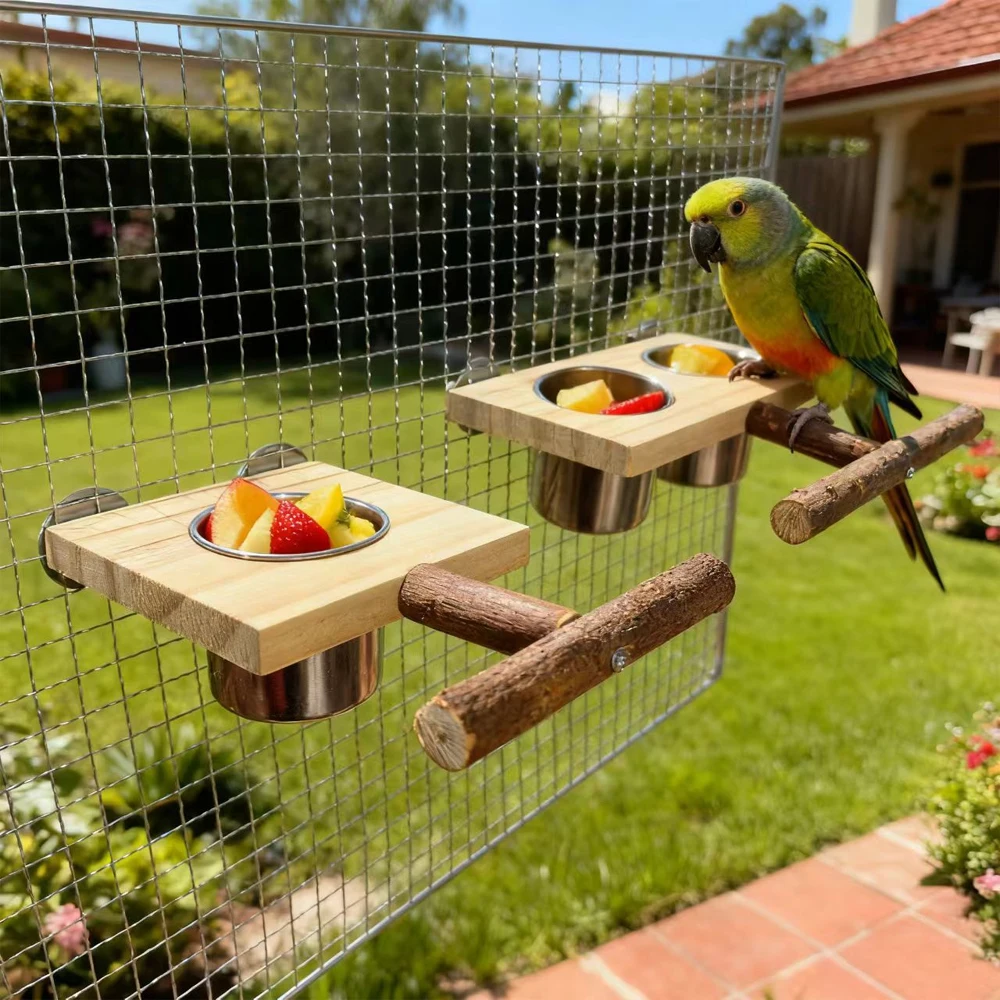 1Set Wood Bird Stand Platform with Single/Double Stainless Steel Feed Bowl Chew Toy for Pet Bird Parrot Cage Hanging Accessories