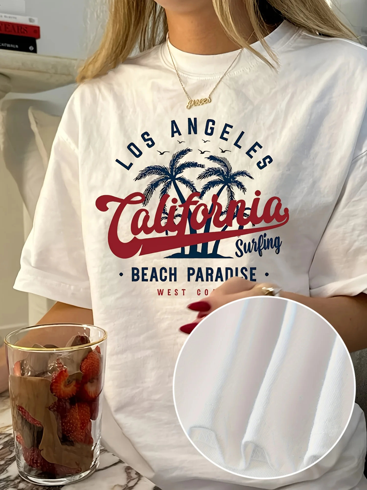 

Женская винтажная футболка с рисунком Лос-Анджелес Калифорнии Beach Surfing Paradise — белая ретро с коротким рукавом