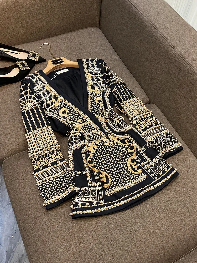 Fine Workmanship Luxury Beads Women Coat Retro Printed V-neckline Hidden Snap Ladys Fall Winter Blazer Coat  Women Clothing