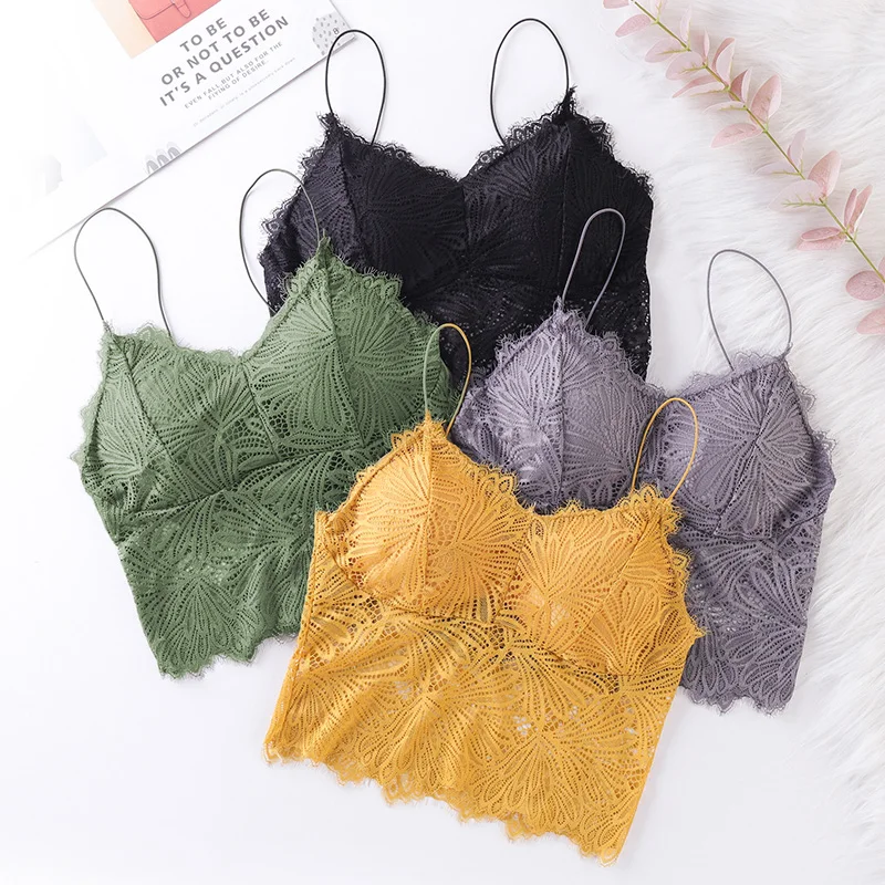 Sujetadores con almohadilla para mujer, sujetador de encaje inalámbrico de realce, Top Sexy, ropa interior de Fitness, Bralette, sujetador recogido, Top de tubo, lencería, copa completa