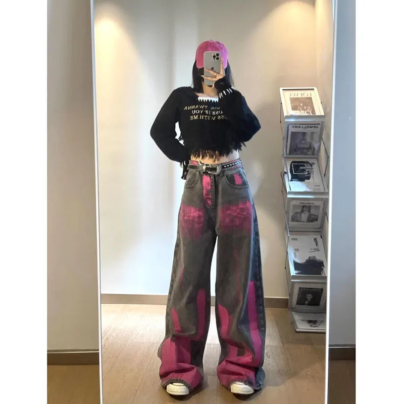 Graffiti Design Sense Amerikaanse High Street Vintage wijde pijpen jeans dames herfst en winter veelzijdige hiphopbroek dames