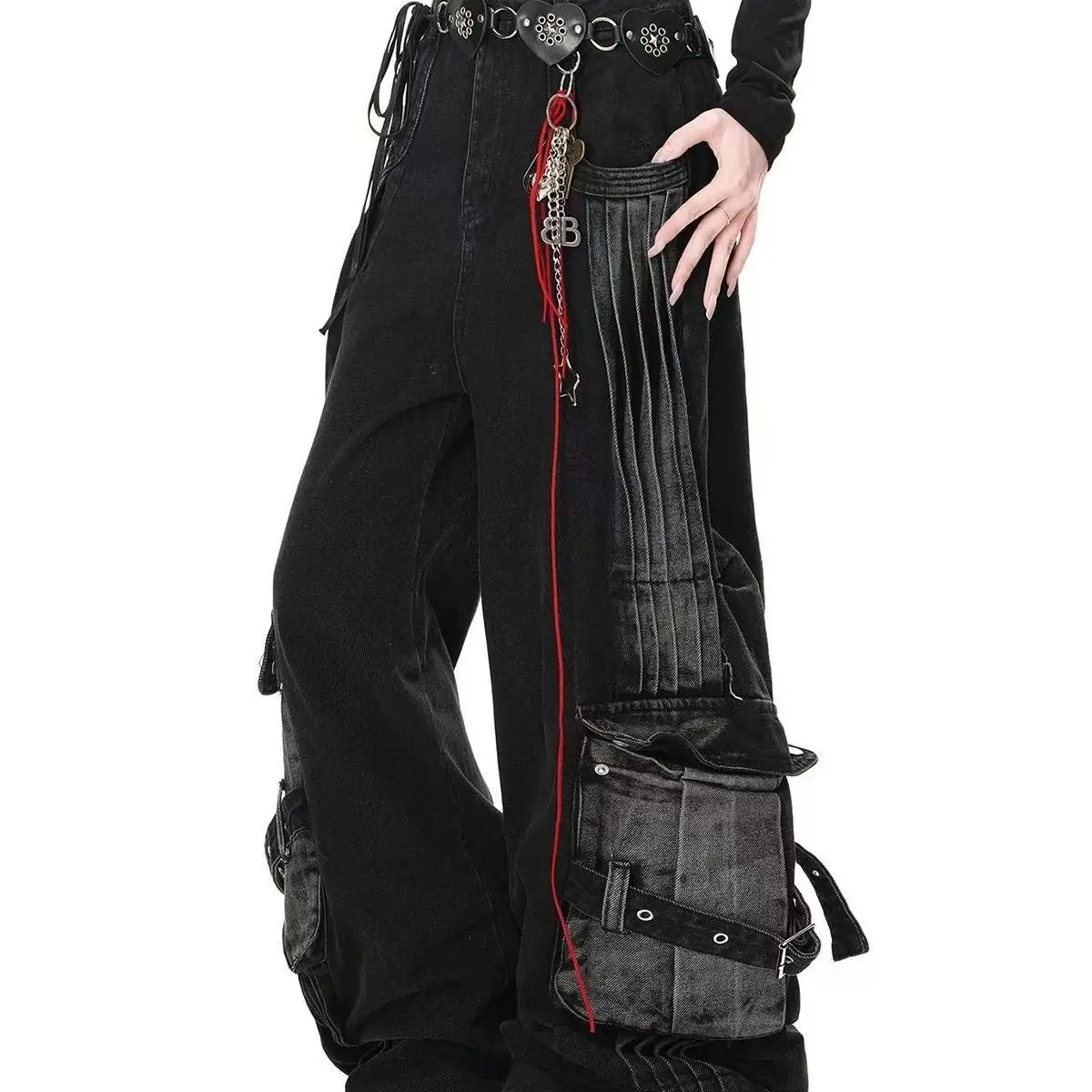 

Black Gothic Multi-Pocket Jeans Y2k American Harajuku Hip-Hop Punk Women 2000s Streetwear Retro Casual Loose Wide-Leg Jeans