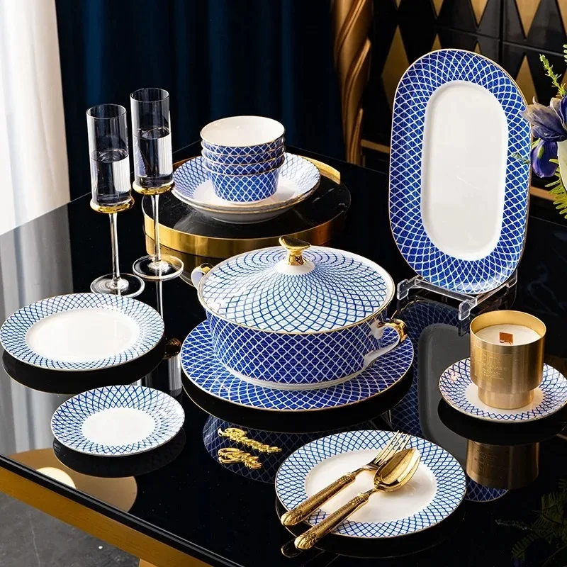 High-grade embossed china tableware bowl dish combination household European style ceramic bowl dish set gift tableware