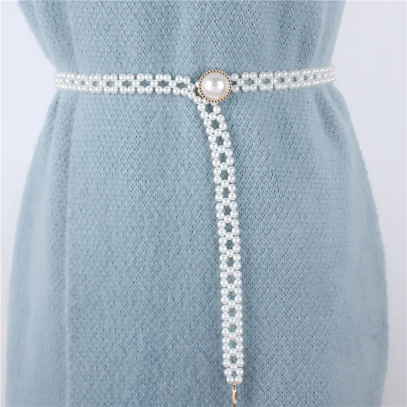 

Fashion Elegant Women Waist Chain Belt Pearl Metal Hip High Wedding Accessories HollowThin Belts Waist Straps Ladies Waistband