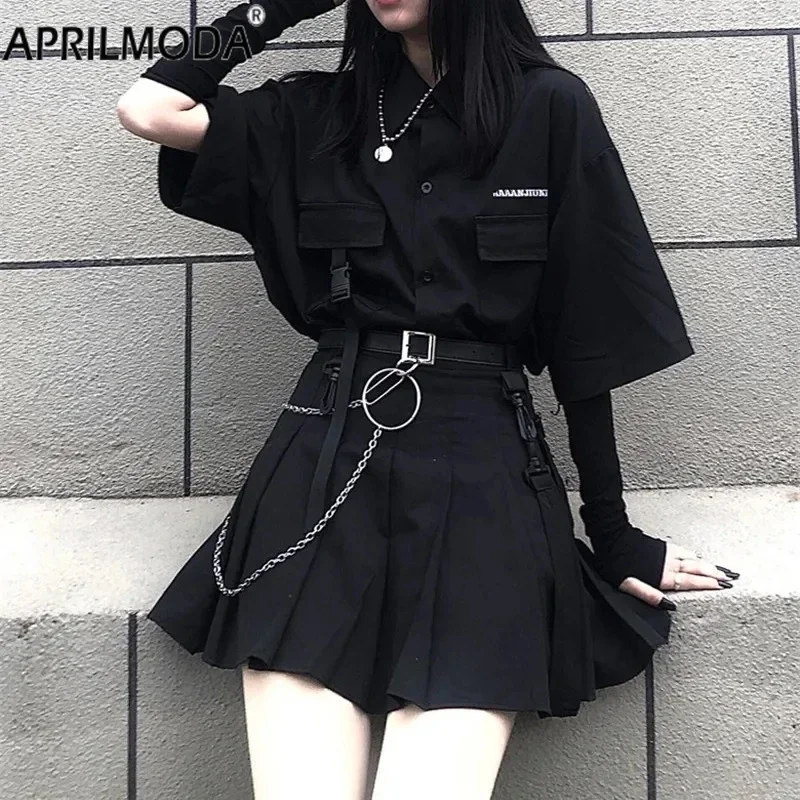 Vintage Loose Solid BF Gothic Korean Button Shirt and Black Pleated A-line Mini Yk2 Skirt 2024 Women Summer Casual Two Piece Set