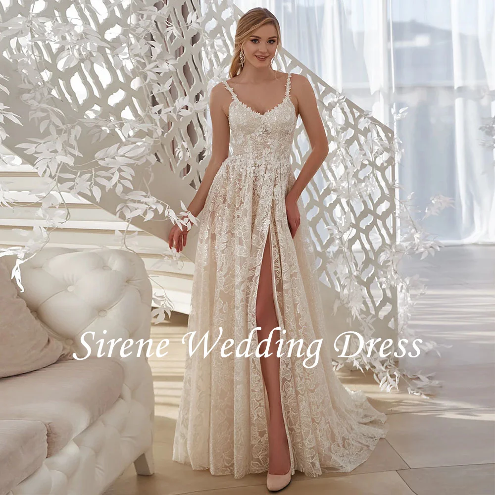 Customized Elegant Spaghetti Straps Wedding Dresses Illusion Sleeveless Bridal Gown Backless Lace Vestidos De Novia Sweep Train