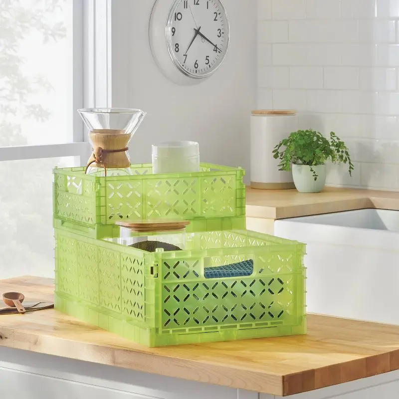 

Large Foldable Storage Crate Green Stackable Organizer Bin Collapsible Plastic Container for Home Office Closet Organization