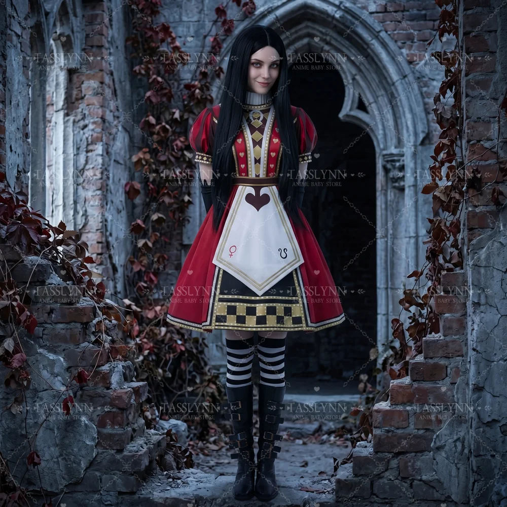 

Alice Royal Card Style Cosplay Costume Full Set, Red Black Gothic Dress with Striped Socks, Women Game Cosplay for Halloween