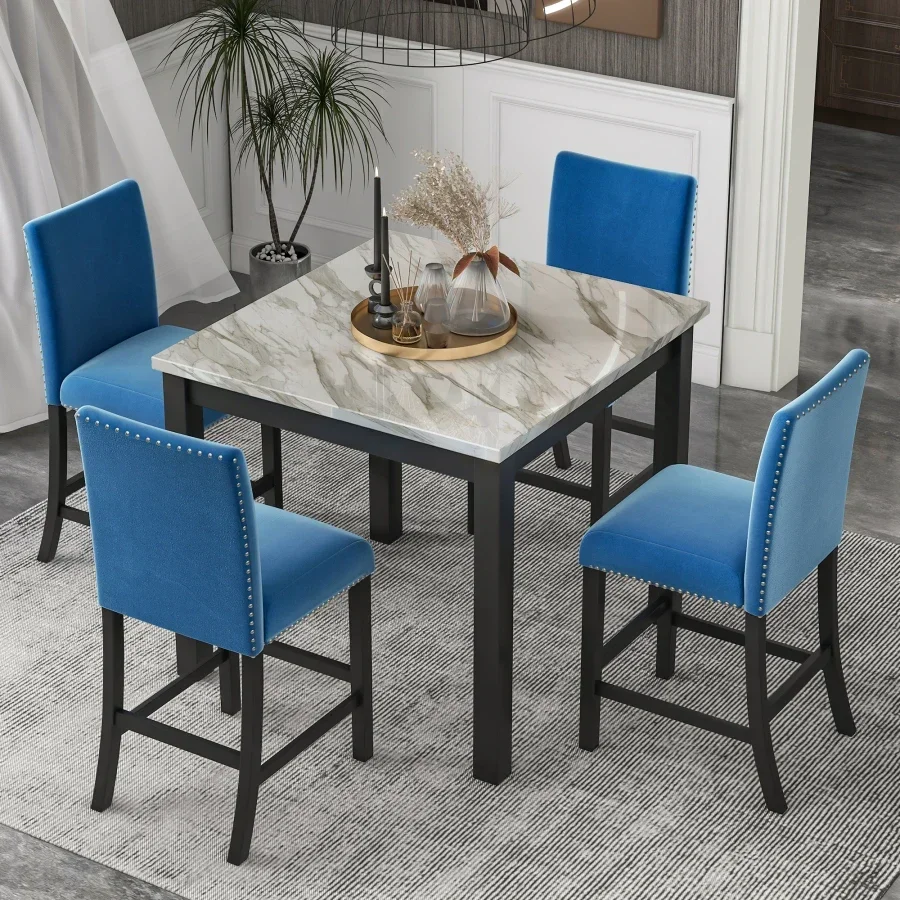 5-piece Counter Height Dining Table Set With One Faux Marble Island Kitchen Table Four Upholstered-Seat Chairs Home Furniture