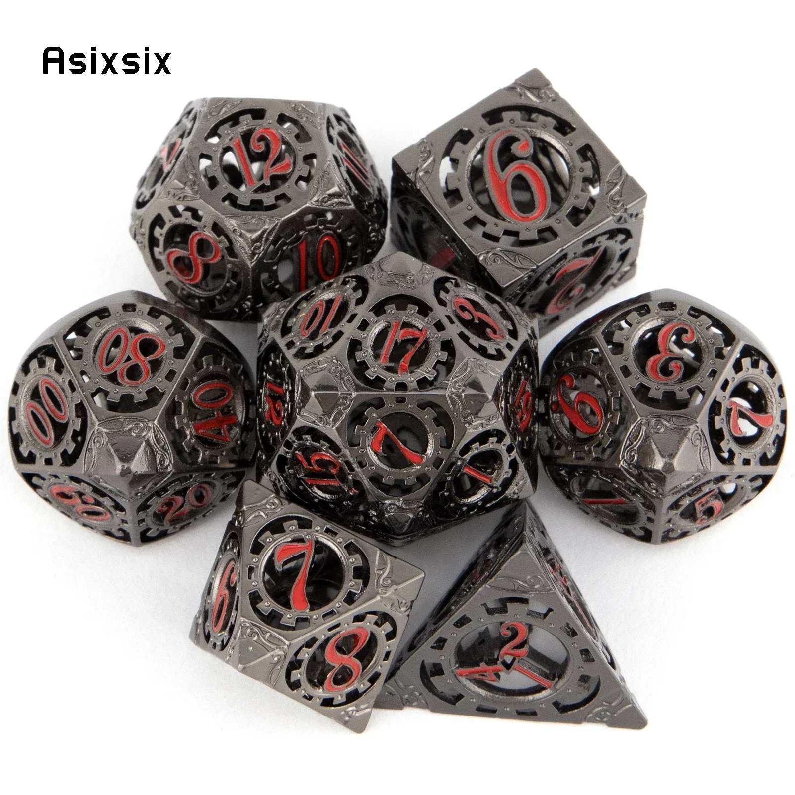 

7 Pcs Black Red Gear Wheel Metal Dice Hollow Perfect For Card Games Board Games For Critical Role, Rpgs, D&D