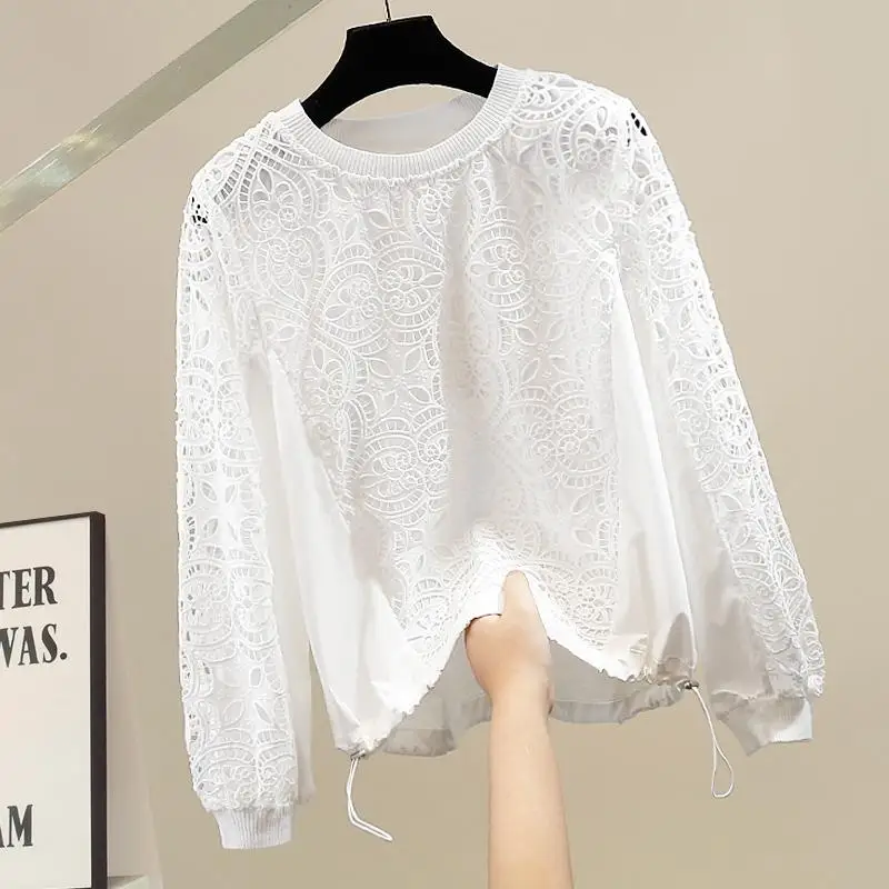 

Faionable Heavy Embroidery Hollow Lace Long Sve Women's irt Spring Autumn Design Sense Quali Top Dstring Hem