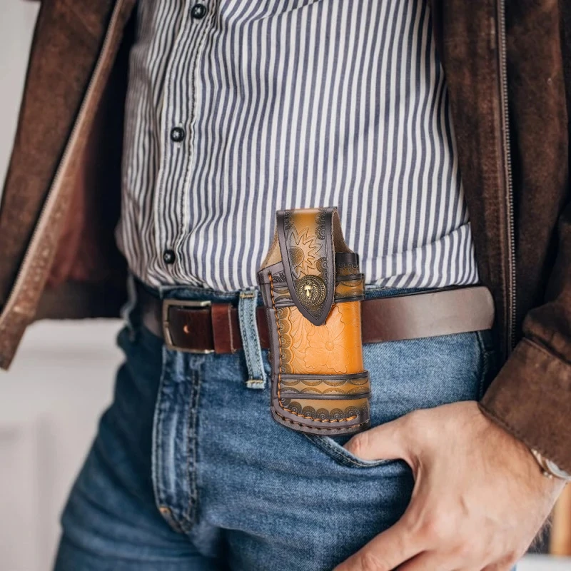 البني أضعاف سكين غمد أداة مصباح يدوي حزام حلقة حامل حافظة جلدية غمد جيب هانت مخيم معدات حمل في الهواء الطلق #1